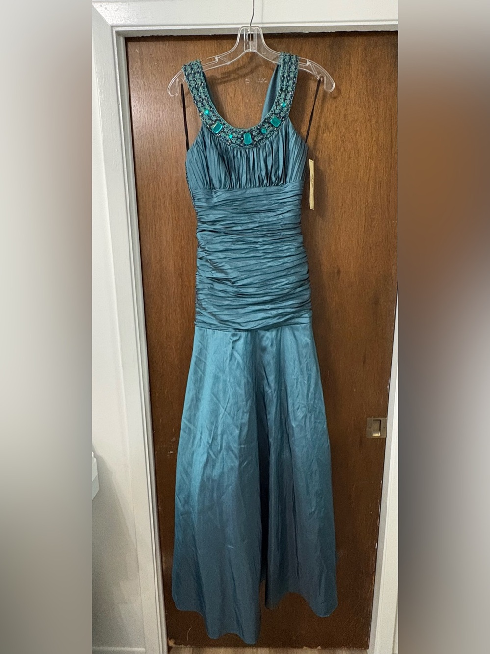 Teal Beaded Halter Evening Prom Gown